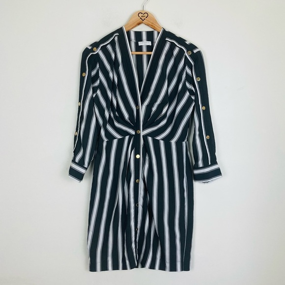 Sandro Paris black and white button front shirt dress with gold button detail. 6 - Picture 2 of 7